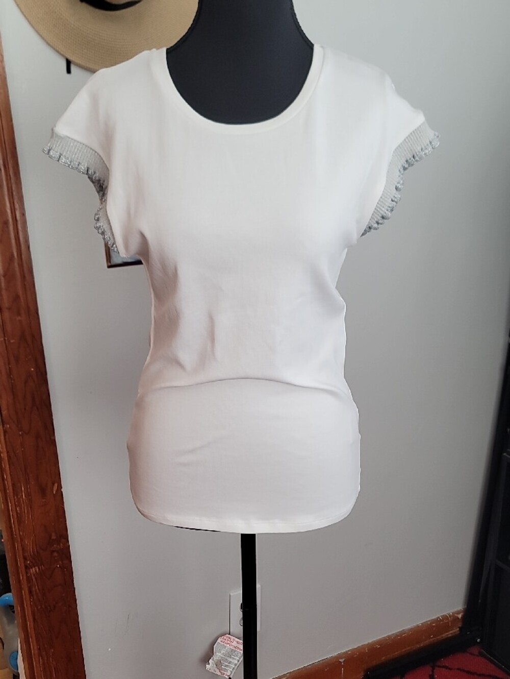 Muse Republic Clothing White Short Sleeve Tee with Silver Ruffle Sleeve Trim - Picture 2 of 10